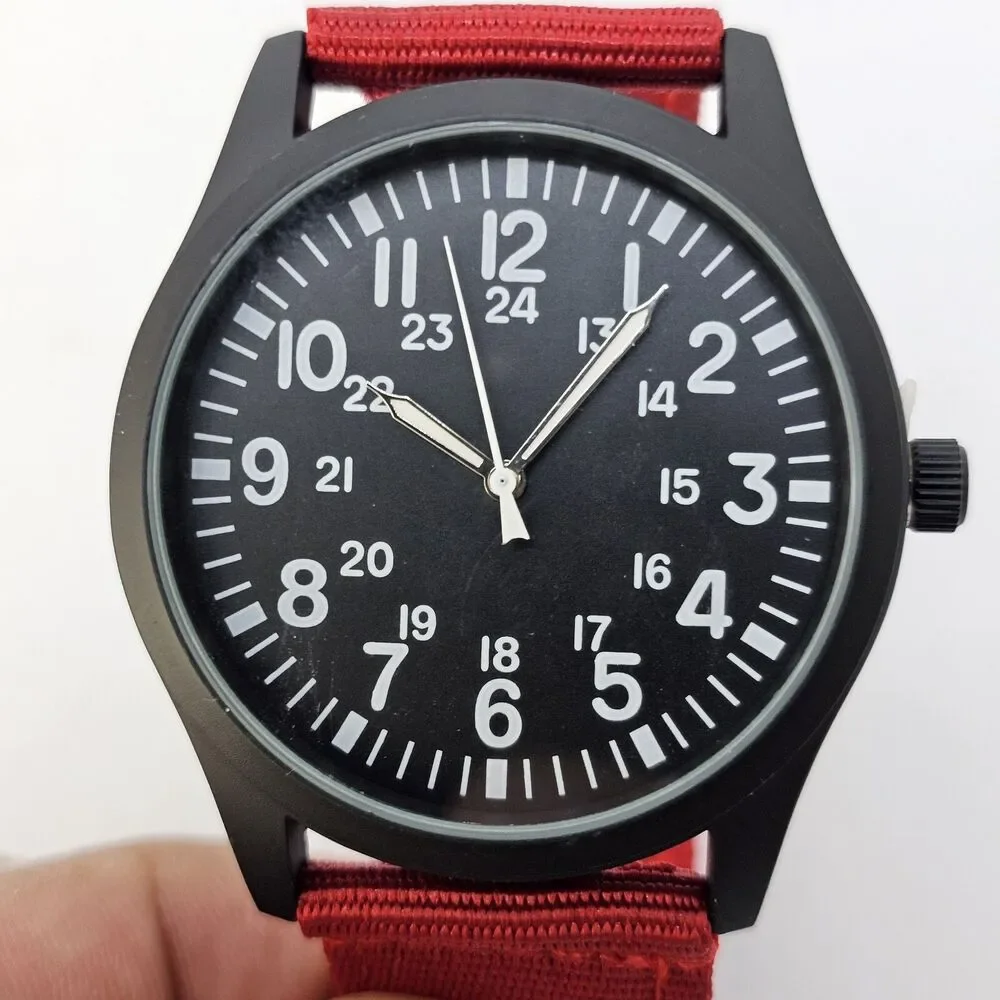 Men's Field Military Watch 42MM Black Case Black Dial Red‎ Canvas Band Straps